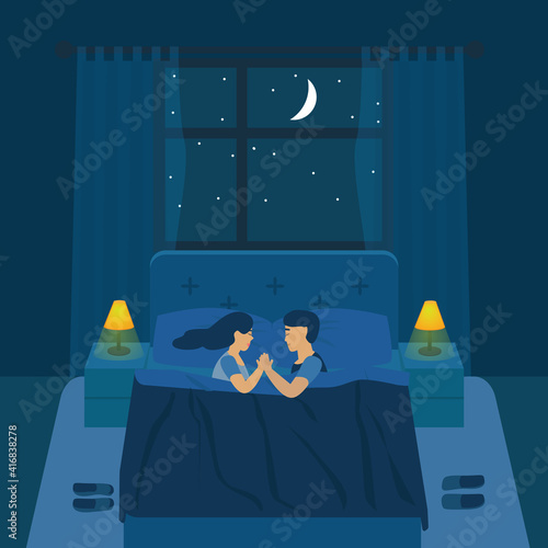 couple on the bed in bedroom at night vector illustration