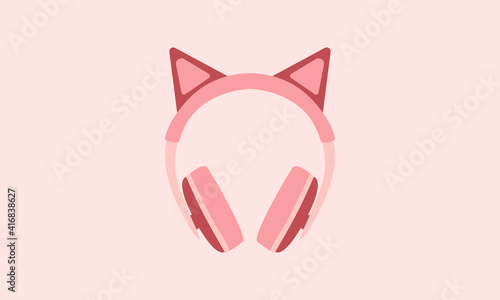 Minimalist, flat vector of over-ear headphones or earmuffs in shades of pastel pink. The headset has cute cat or fox ears on top. The image is isolated against a soft pink background.