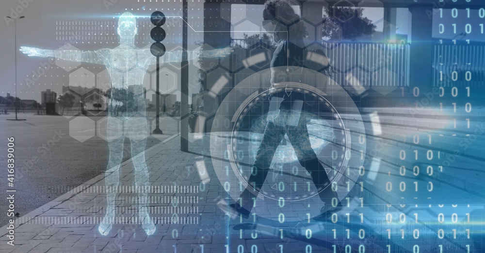 Obraz premium Digital illustration of a human body and human brain 3D models over data processing