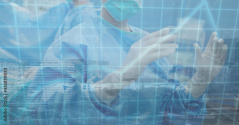 Digital illustration of male doctor wearing coronavirus covid19 mask with graph and cityscape Digital illustration of male doctor wearing coronavirus covid19 mask with graph and cityscape