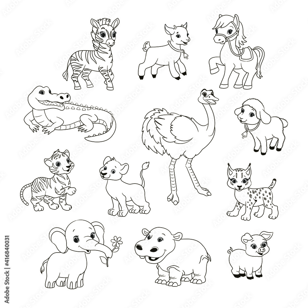 coloring book for children, set of different animals, vector illustration in cartoon style, black and white line art