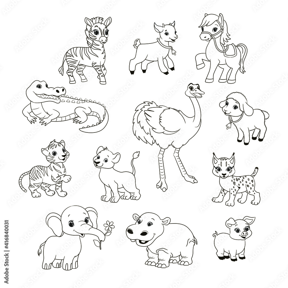 coloring book for children, set of different animals, vector ...