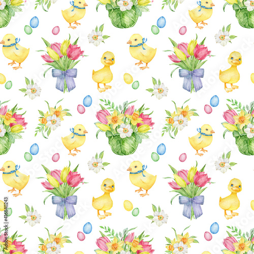 Watercolor Easter pattern with yellow duckling and chick, bouquets with tulips and daffodils. Spring background.
