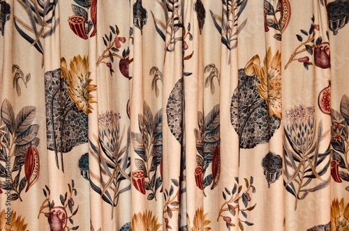 Closeup of Botany Themed, Floral and Foliage Patterned Closed Curtains