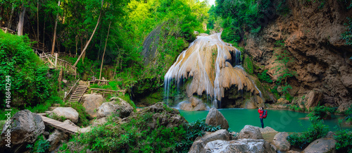 Panorama of Ko luang waterfall turquoise blue river, Mae Ping National Park, Lum phun, Thailand.  photo