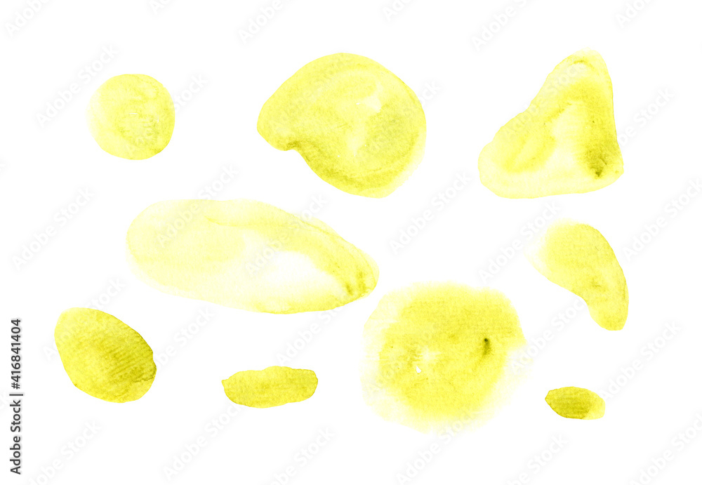 Set of bright textured yellow watercolor stains. Collection of vibrant lemon color watercolour blobs for decoration, poster, banner, greeting cards design