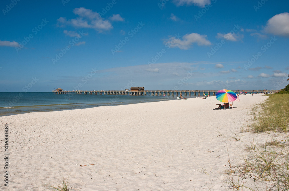 front view, far distance of a tropical, sandy beach with a wood pier, jutting into the gulf of Mexico, on a sunny day