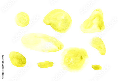 Set of bright textured yellow watercolor stains. Collection of vibrant lemon color watercolour blobs for decoration, poster, banner, greeting cards design