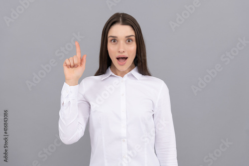 Wallpaper Mural inspired woman has an idea. full of inspiration. hands gesturing. being surprised with new idea. Torontodigital.ca