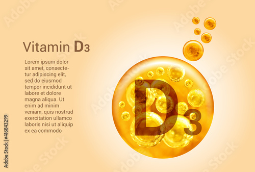 Vitamin D3. Baner with vector images of golden balls with oxygen bubbles. Health concept.