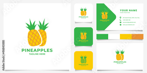 Colorful pineapple flat design logo with business card, icon, and color palette