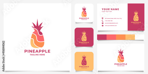 Colorful pineapple flat design logo with business card, icon, and color palette