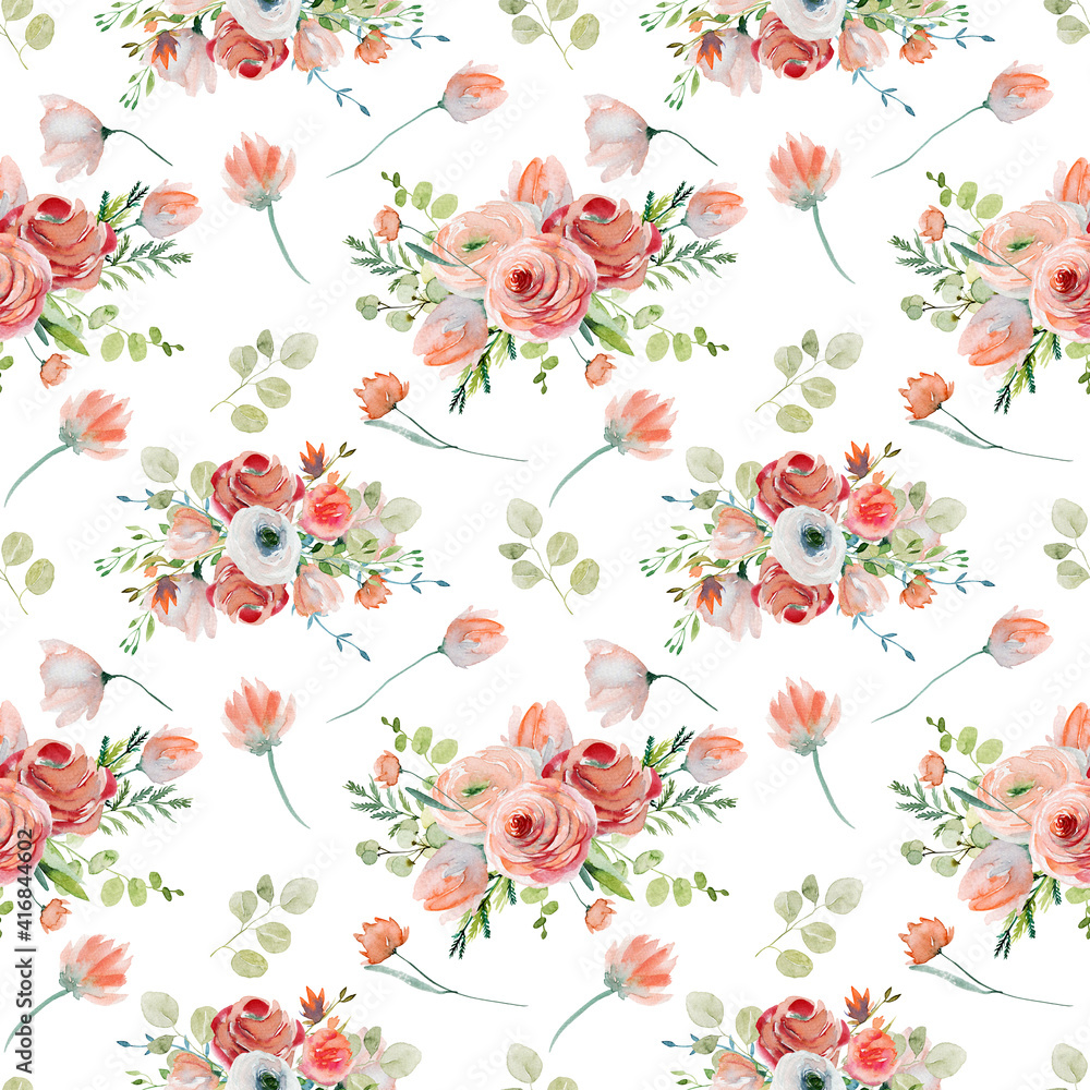 Watercolor floral seamless pattern of pink and red roses, wildflowers and eucalyptus branches, illustration on white background