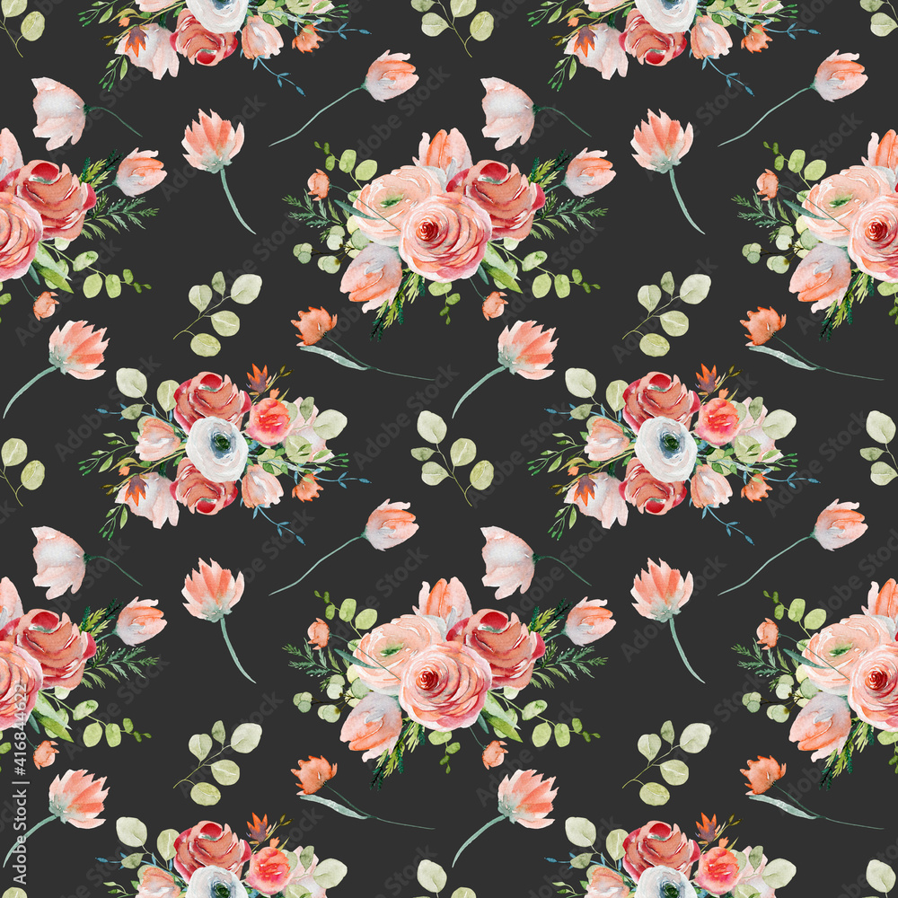 Watercolor floral seamless pattern of pink and red roses, wildflowers and eucalyptus branches, illustration on dark background
