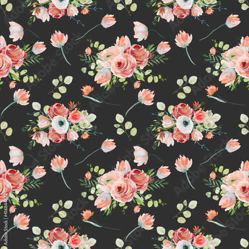 Fototapeta Naklejka Na Ścianę i Meble -  Watercolor floral seamless pattern of pink and red roses, wildflowers and eucalyptus branches, illustration on dark background