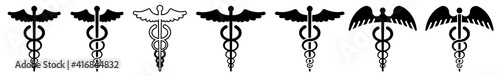 Medical Caduceus Icon Medical Symbol Set | Black Caduceus Medical Symbol Caduceus Illustration Logo | Caduceus Snake Vector Caduceus Medical Icon Isolated Medical Symbol Collection