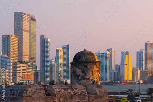 Photography Bastion corner tower with high-rises of the new city, Cartagena, Bolivar Departm