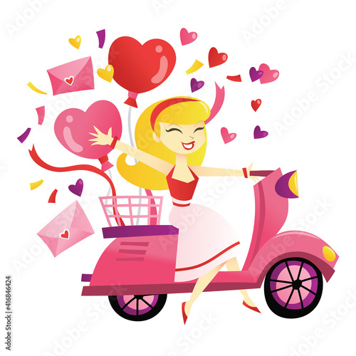 Cartoon Blonde Girl Riding Scooter Delivering Gifts