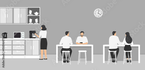 Office kitchen. Dining room in the office. Employees are sitting at the table. Coffee break. There are kitchen cabinets, a microwave, a kettle and a coffee machine in the image. Vector illustration.