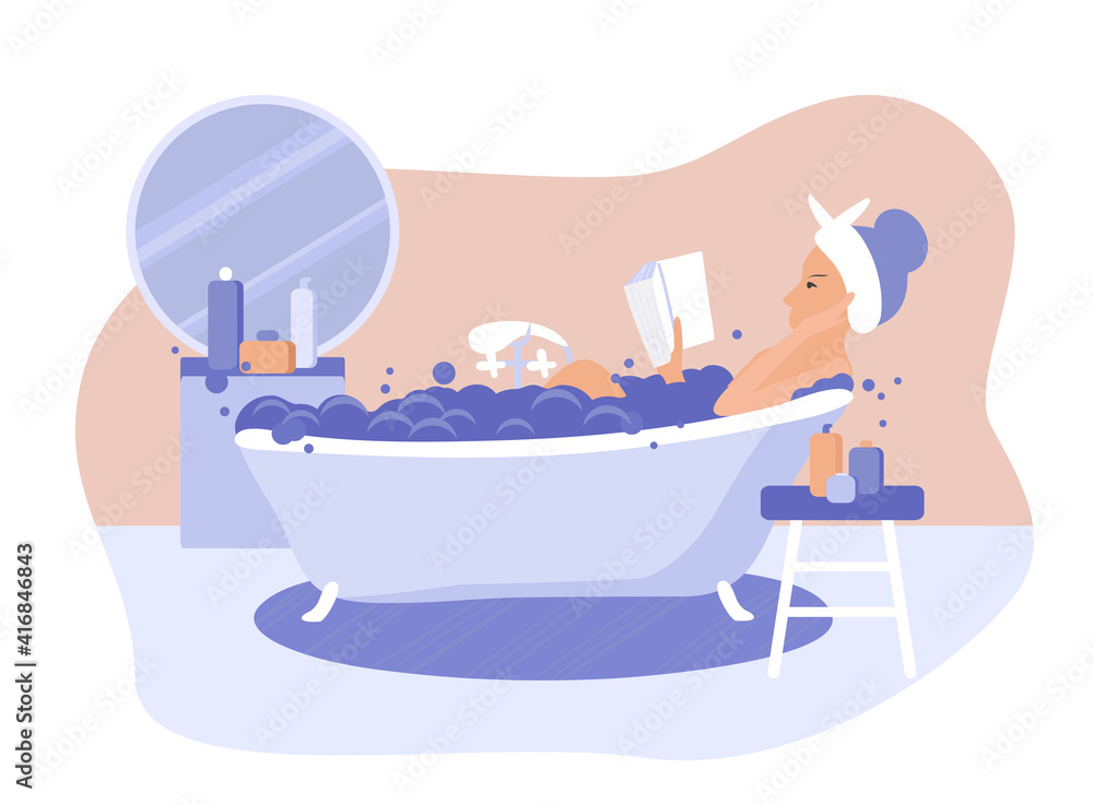 Happy woman takes a bath and reads book vector flat illustration. Modern bathroom interior design. Relaxation during hygienic or spa procedure conceptbeauty spa at home, relax washing in foam bubbles. Happy woman takes a bath and reads book vector flat illustration. Modern bathroom interior design. Relaxation during hygienic or spa procedure conceptbeauty spa at home, relax washing in foam bubbles.