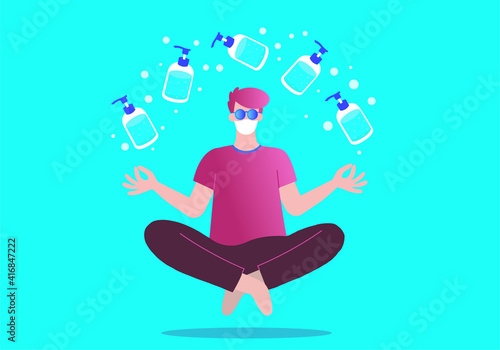 Hombre jóven flotando con gel hidroalcohólico