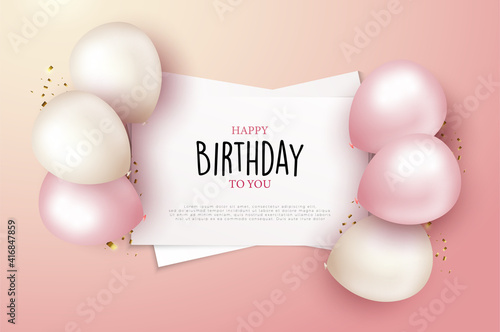 Realistic birthday background amid stacked white paper and balloons