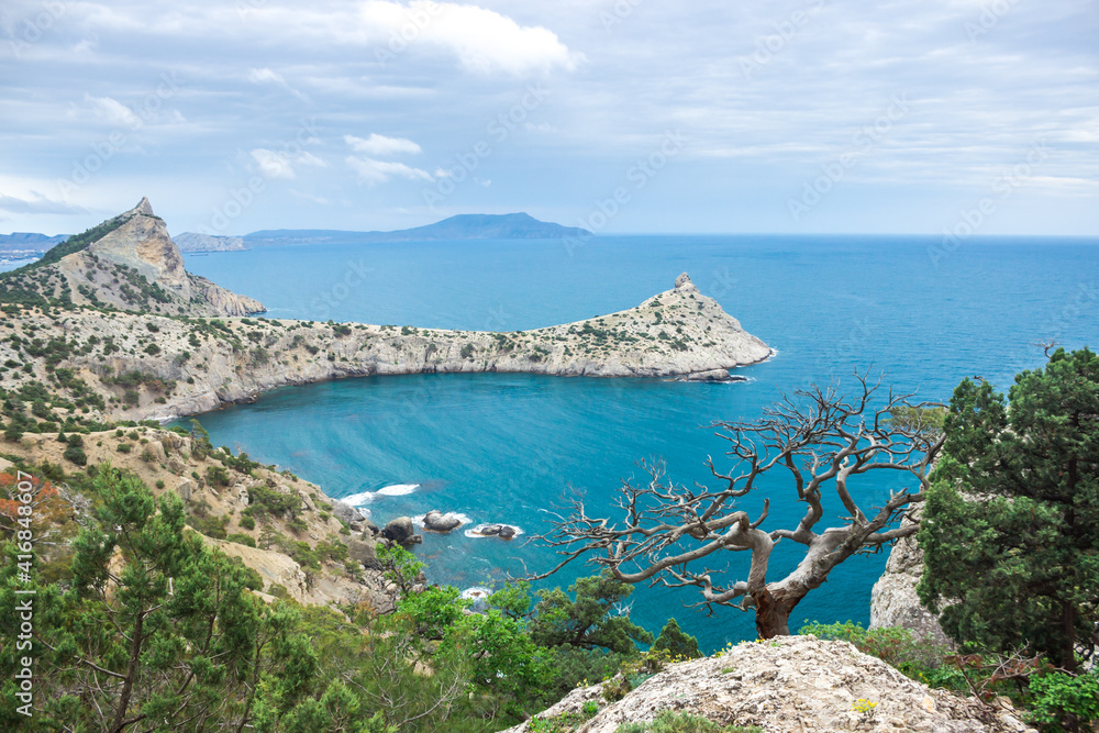 The Black Sea coast near Novy Svet, South-Eastern Crimea.  View of Mount Koba-Kaya, Cape Kapchik and Sky-Blue Bay.