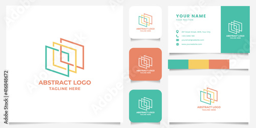 Simple and minimalist colorful line art abstract rectangle logo with business card, icon, and color palette