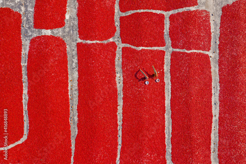 Aerial view of people working in farm, two person picking red chilli in a field near Sariakandi, Rajshahi province, Bangladesh. photo