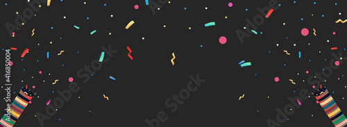 Colorful confetti party popper explosion and falling down. web banner