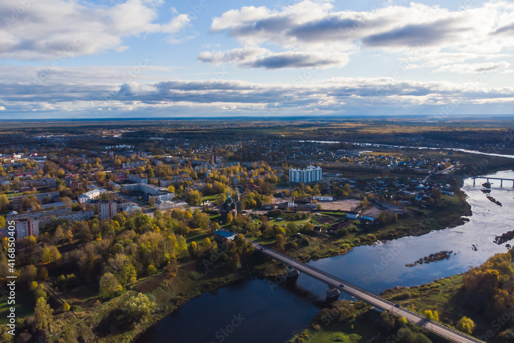 Kingisepp, town and the administrative center of Kingiseppsky District of Leningrad Oblast, Russia, with Luga River, aerial drone summer view, former Yamburg