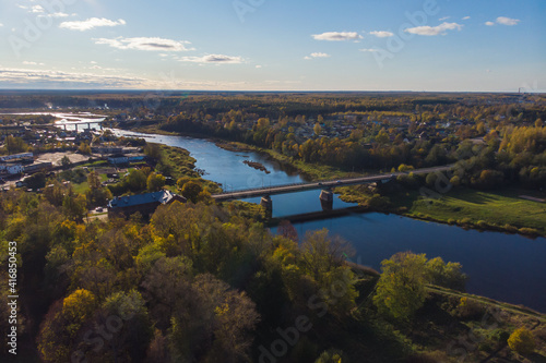 Kingisepp, town and the administrative center of Kingiseppsky District of Leningrad Oblast, Russia, with Luga River, aerial drone summer view, former Yamburg photo