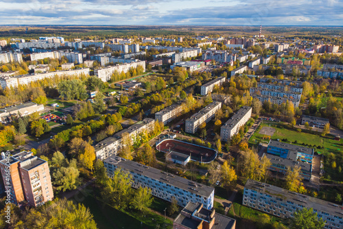 Kingisepp, town and the administrative center of Kingiseppsky District of Leningrad Oblast, Russia, with Luga River, aerial drone summer view, former Yamburg