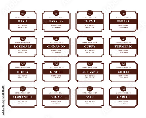 Kitchen seasoning pantry label sticker set with simple classic brown square frame