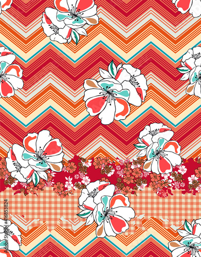 pattern design with flowers, zig zag stripes and gingham pattern in decorated border design, for textiles and decoration