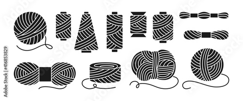 Sewing threads or yarn black glyph set. Spool and bobbin outline. Dressmaking needlework tools. Dressmaking, sewing workshop, tailoring hobby knitting, weaving wool. Isolated vector illustration