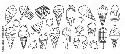 Ice cream black line set. Chocolate, vanilla cartoon ice cream cone fruit, mint, berry. Kawaii icon summer collection sweet food and splash. Watermelon on stick. Isolated dessert vector illustration