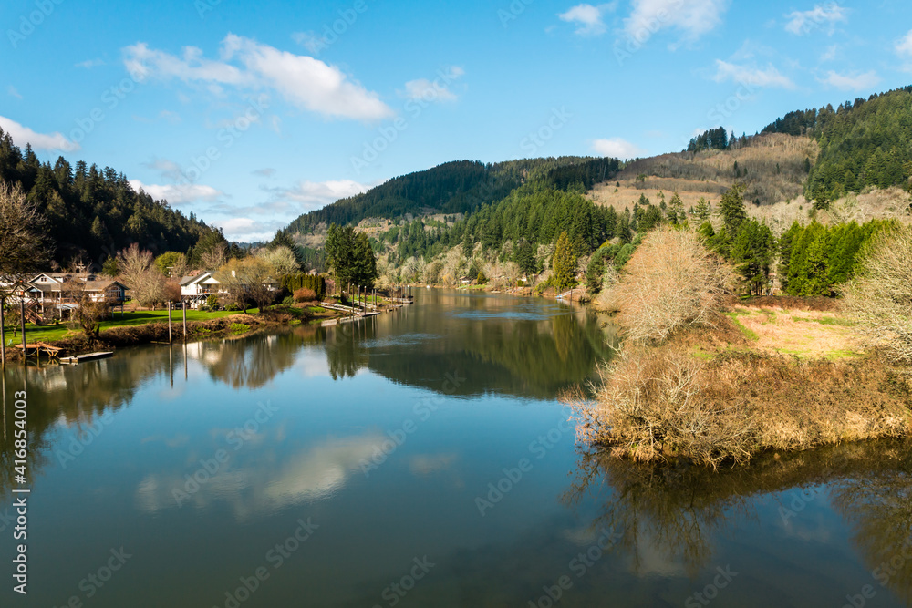 Beautiful view at Suislaw river from the bridge in Mapleton, Oregon