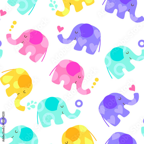 Seamless pattern of four cute characters cartoon kawaii elephants: pastel blue, yellow, lilac and pink with dfferent patterns on white background. Baby children colors. Flat vector illustration © Flying Master