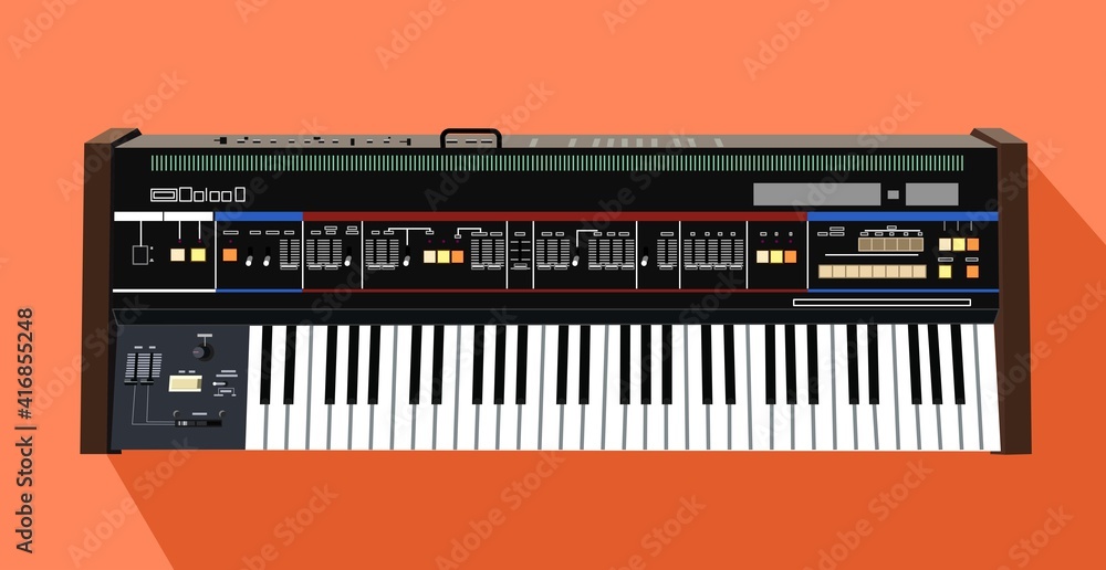 Realistic analog synthesizer. Keyboard for making music. Legendary model of a musical instrument in vector. Black and white keys. Realistic analog synthesizer. Keyboard for making music. Legendary model of a musical instrument in vector. Black and white keys.