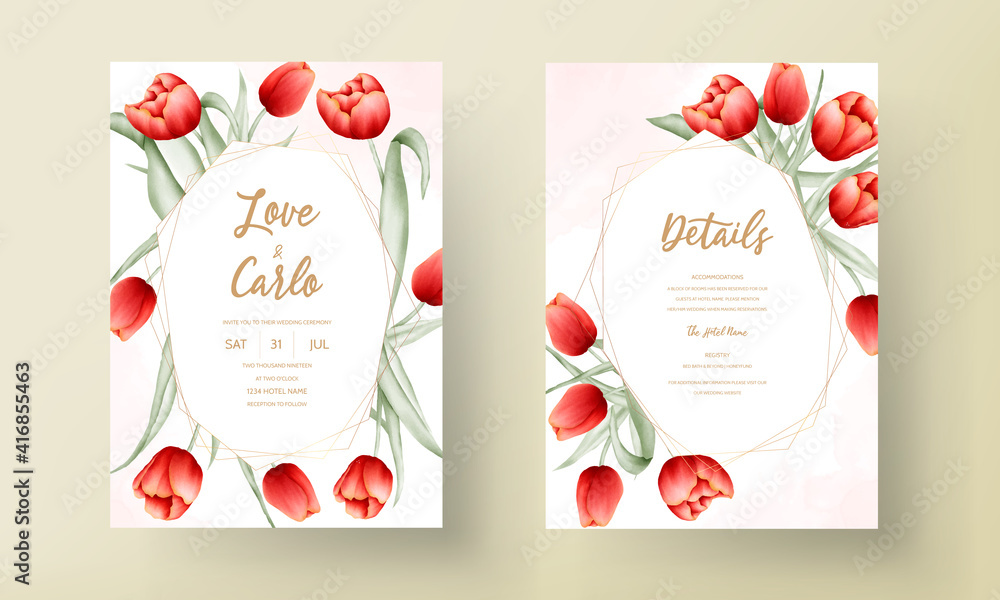 Naklejka premium Beautiful red tulip flower wedding invitation card