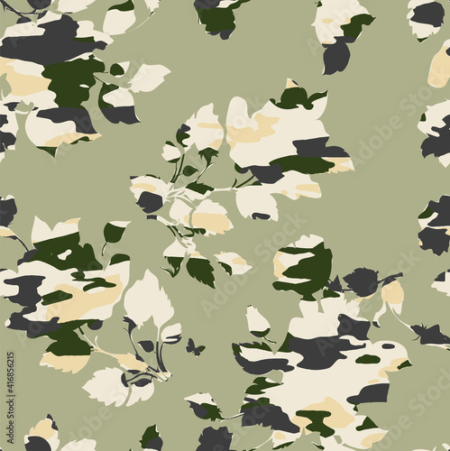 floral pattern with camouflage motifs, modern patterned design for textiles and decoration