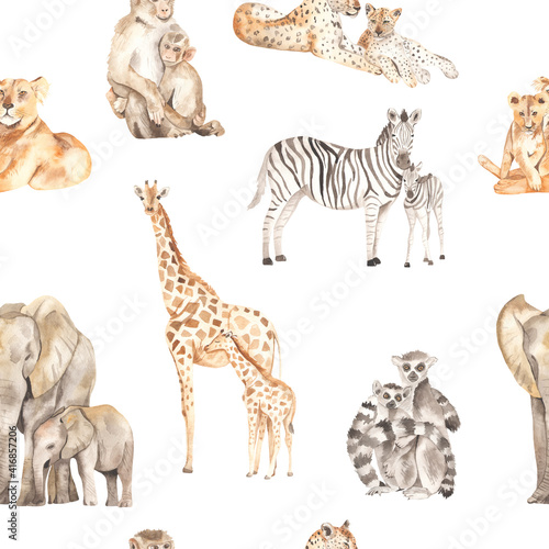 Watercolor seamless pattern mom and baby with lions  leopards  elephants  giraffes  zebras  lemurs  monkeys on a white background
