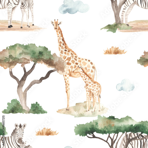 Watercolor seamless pattern of mom and baby giraffes, zebras in the African savannah with acacias and dry grass on a white background