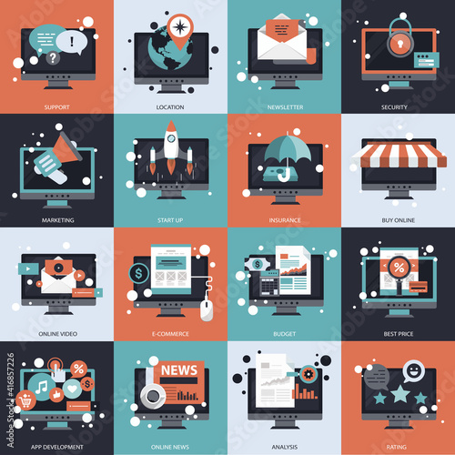 Business, technology and management icon set for websites and mobile applications. Flat vector illustration