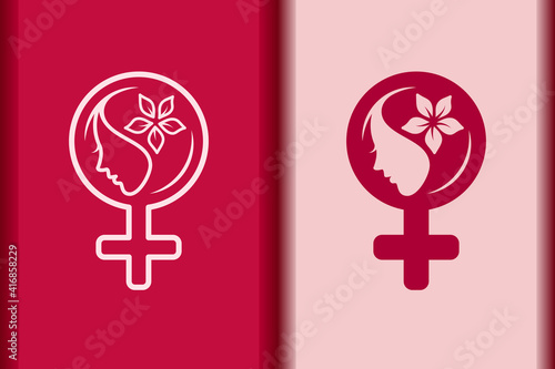 International Women's Day logo minimal design element.Creative 8 March symbol concept with stylish pink.Beautiful woman face and flower portrait silhouette for Spa,fashion,hairdressing icon vector.