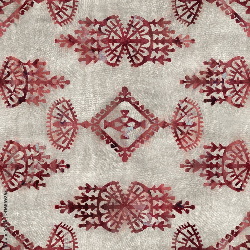 Seamless grungy tribal ethnic rug motif pattern. High quality illustration. Distressed old looking native style design in faded sun burnt red and cream colors. Old artisan textile seamless pattern. Seamless grungy tribal ethnic rug motif pattern. High quality illustration. Distressed old looking native style design in faded sun burnt red and cream colors. Old artisan textile seamless pattern.