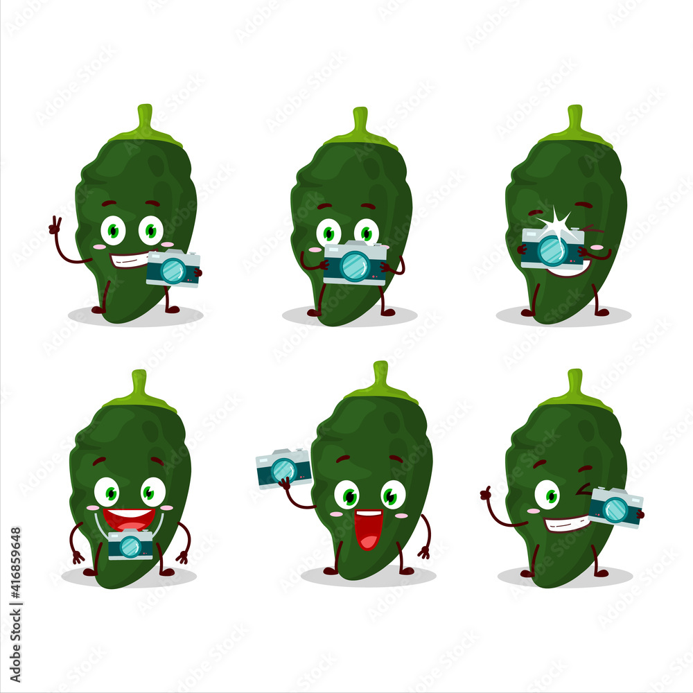 Photographer profession emoticon with poblano cartoon character Photographer profession emoticon with poblano cartoon character