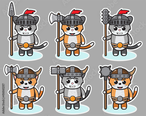 Vector illustration of cute Cat Knight cartoon with Big weapon. Cute Cat expression character design bundle. Good for icon, logo, label, sticker, clipart.