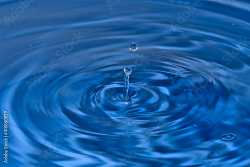 Closeup of water drops on blue water ripple background